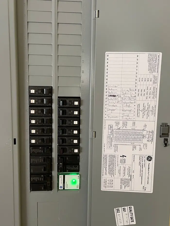 Panel mounted surge protective device with its status light on, next to a labeled circuit directory